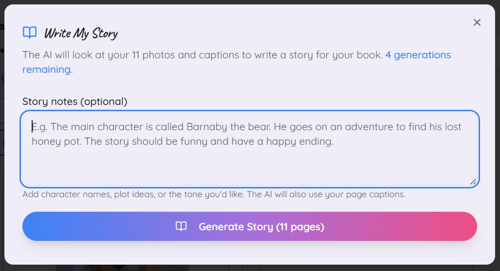 Write My Story AI dialog