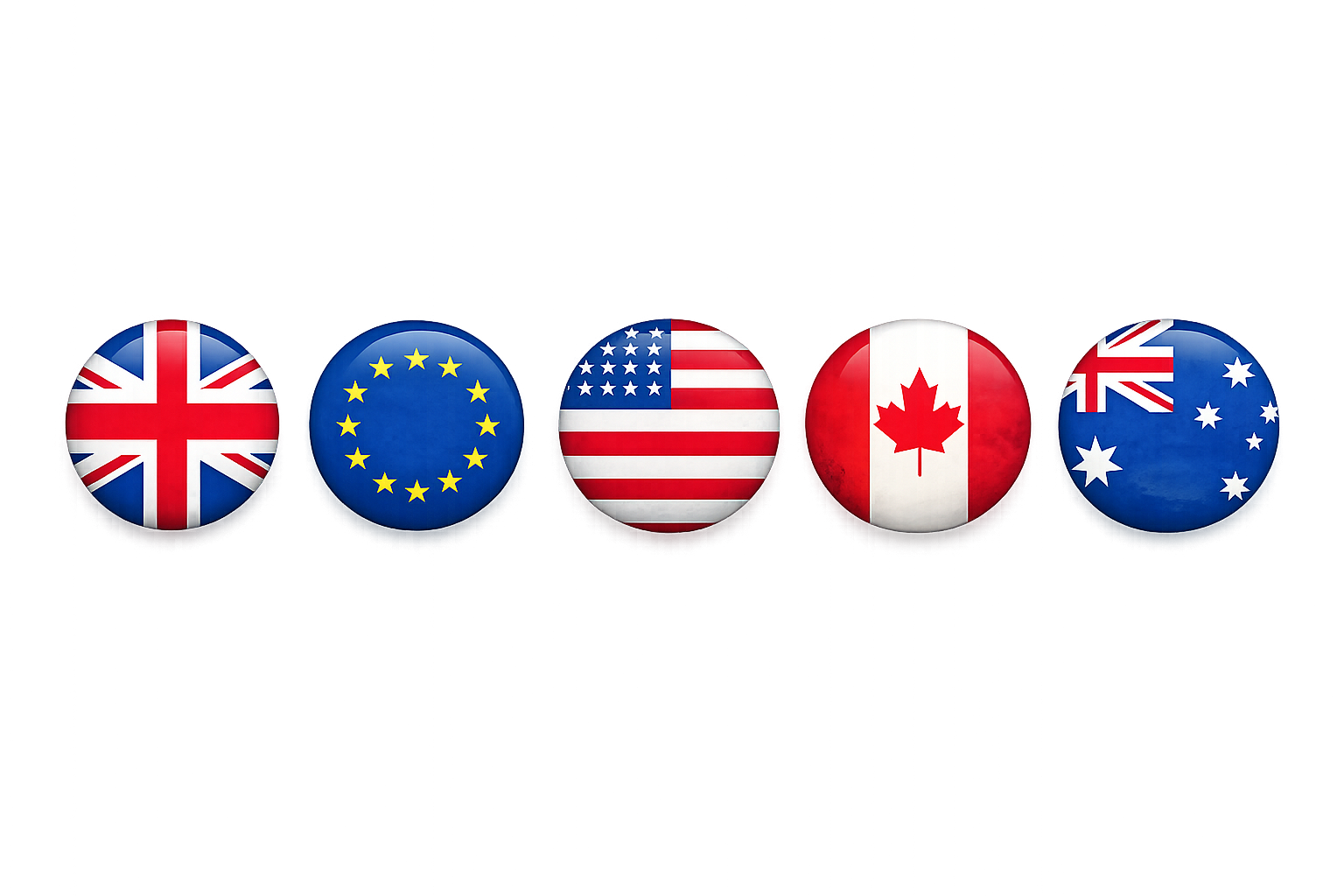 UK, EU, USA, Canada and Australia flags
